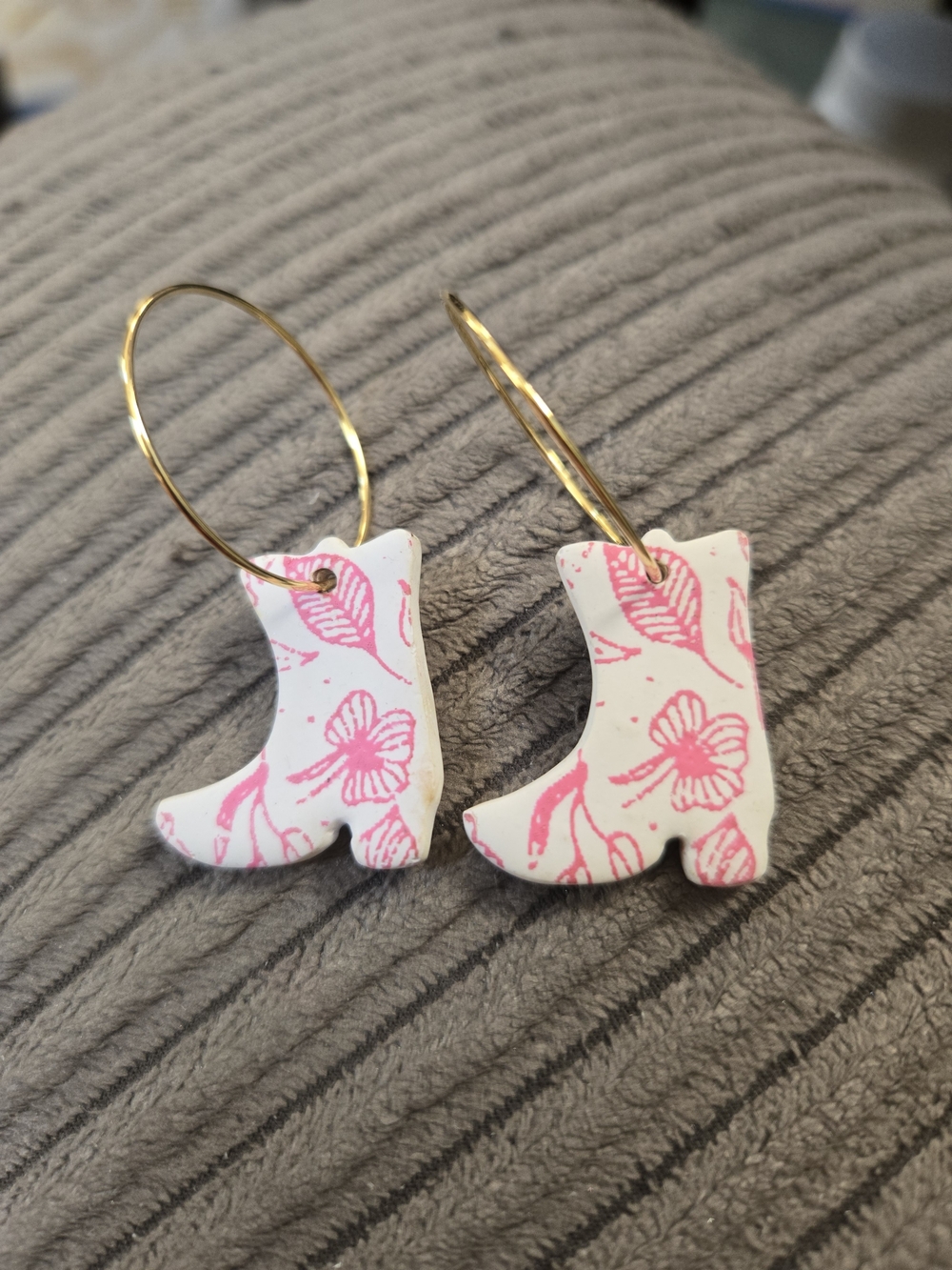 Pink & White Floral Boot Hoop Earrings